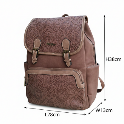 Cotton Road Backpack: COFFEE BROWN Suede-Style PU Leather with Embossed Print
