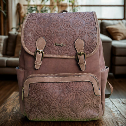 Cotton Road Backpack: COFFEE BROWN Suede-Style PU Leather with Embossed Print HERO
