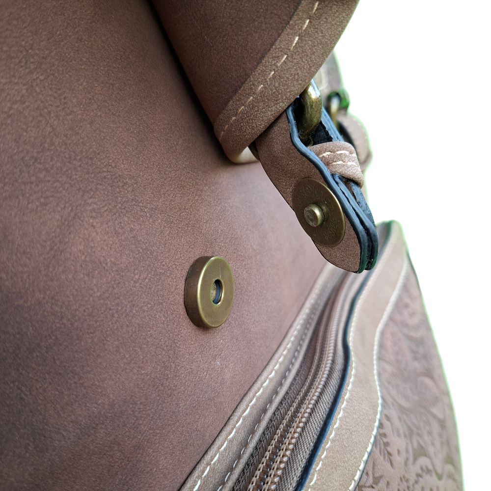 Cotton Road Backpack: COFFEE BROWN Suede-Style PU Leather with Embossed Print MAGNETIC CLIP