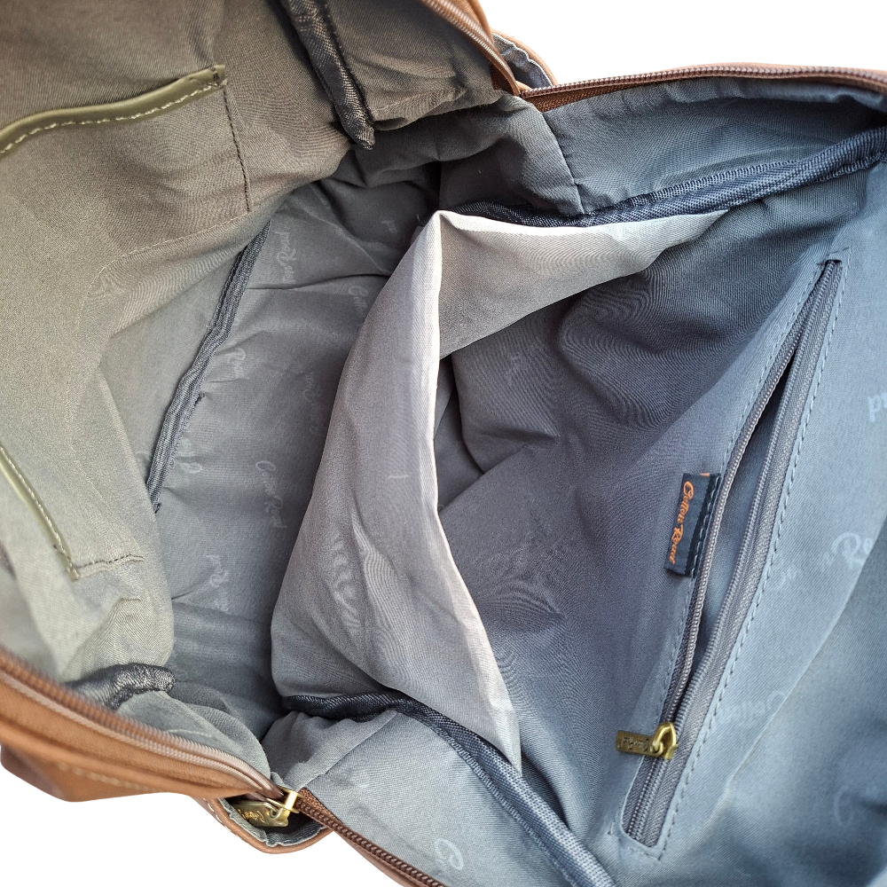 Cotton Road Backpack: COFFEE BROWN Suede-Style PU Leather with Embossed Print OPEN VIEW