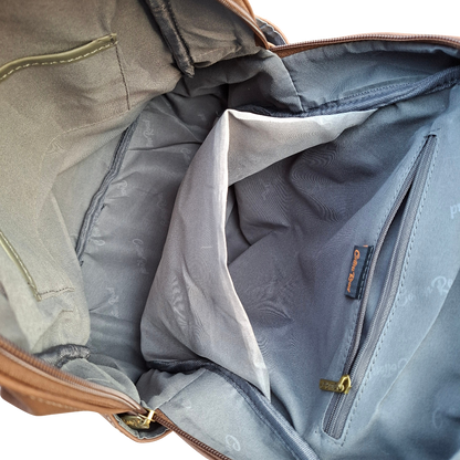 Cotton Road Backpack: COFFEE BROWN Suede-Style PU Leather with Embossed Print OPEN VIEW