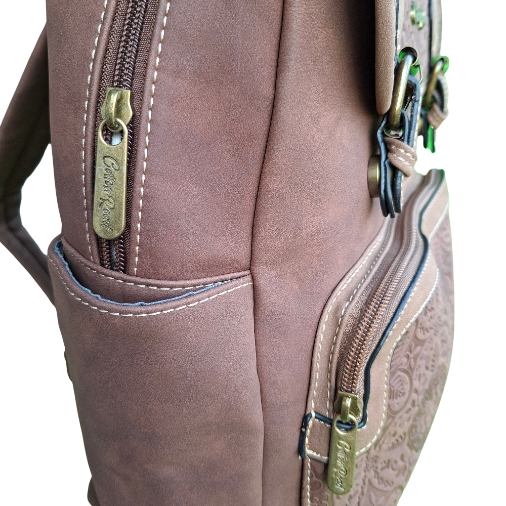 Cotton Road Backpack: COFFEE BROWN Suede-Style PU Leather with Embossed Print SIDE VIEW