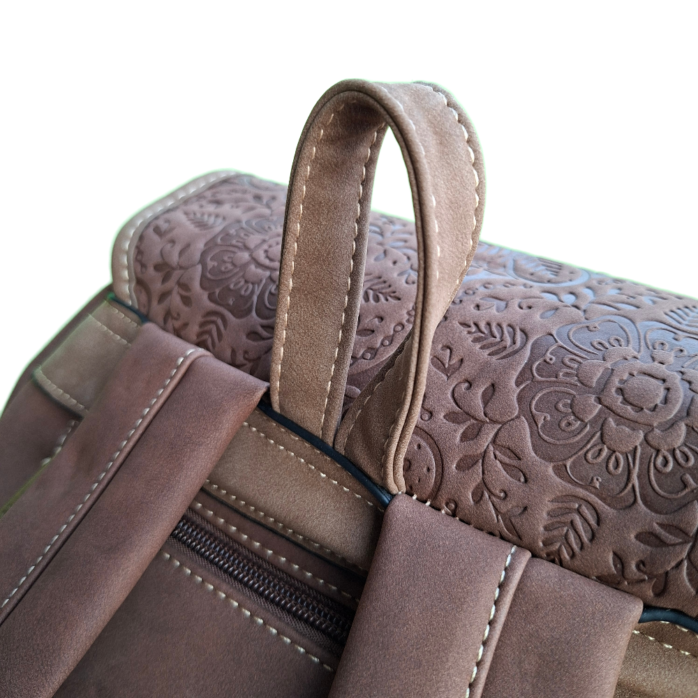 Cotton Road Backpack: COFFEE BROWN Suede-Style PU Leather with Embossed Print STRAP CONNECTION