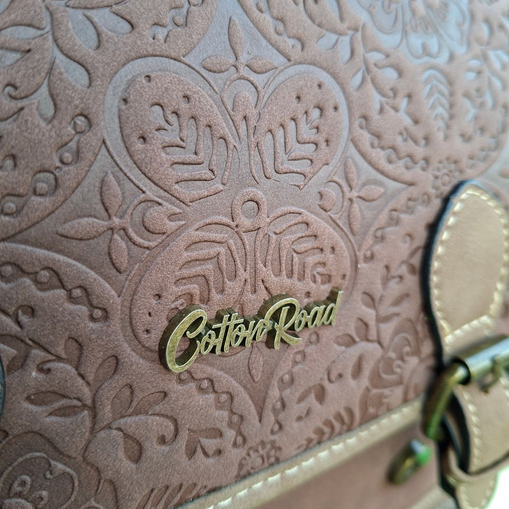 Cotton Road Backpack: COFFEE BROWN Suede-Style PU Leather with Embossed Print ZOOM