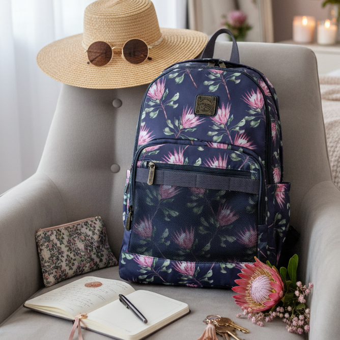 Cotton Road Backpack: GREY BLUE FLORAL Canvas Laptop Backpack with PROTEAS HERO