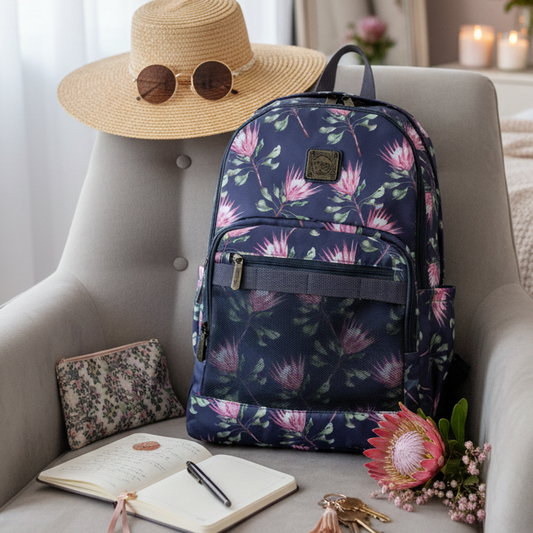 Cotton Road Backpack: GREY BLUE FLORAL Canvas Laptop Backpack with PROTEAS HERO
