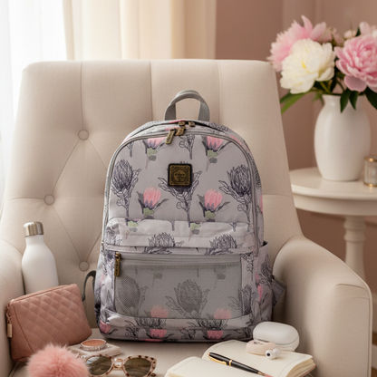 Cotton Road Backpack: GREY BLUE PROTEA Padded Canvas Laptop Bag HERO