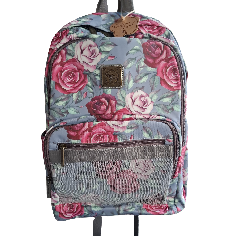 Cotton Road Backpack: GREY Canvas Backpack with PINK ROSES