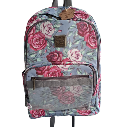 Cotton Road Backpack: GREY Canvas Backpack with PINK ROSES