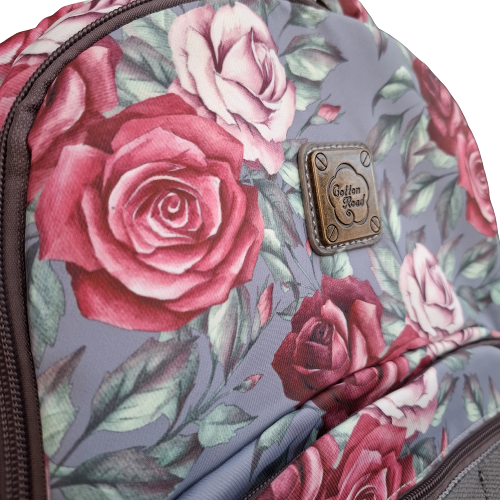 Cotton Road Backpack: GREY Canvas Backpack with PINK ROSES DETAIL