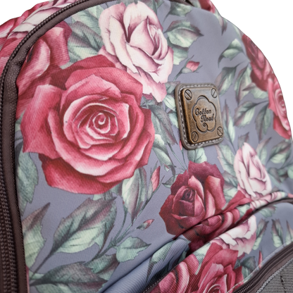 Cotton Road Backpack: GREY Canvas Backpack with PINK ROSES DETAIL