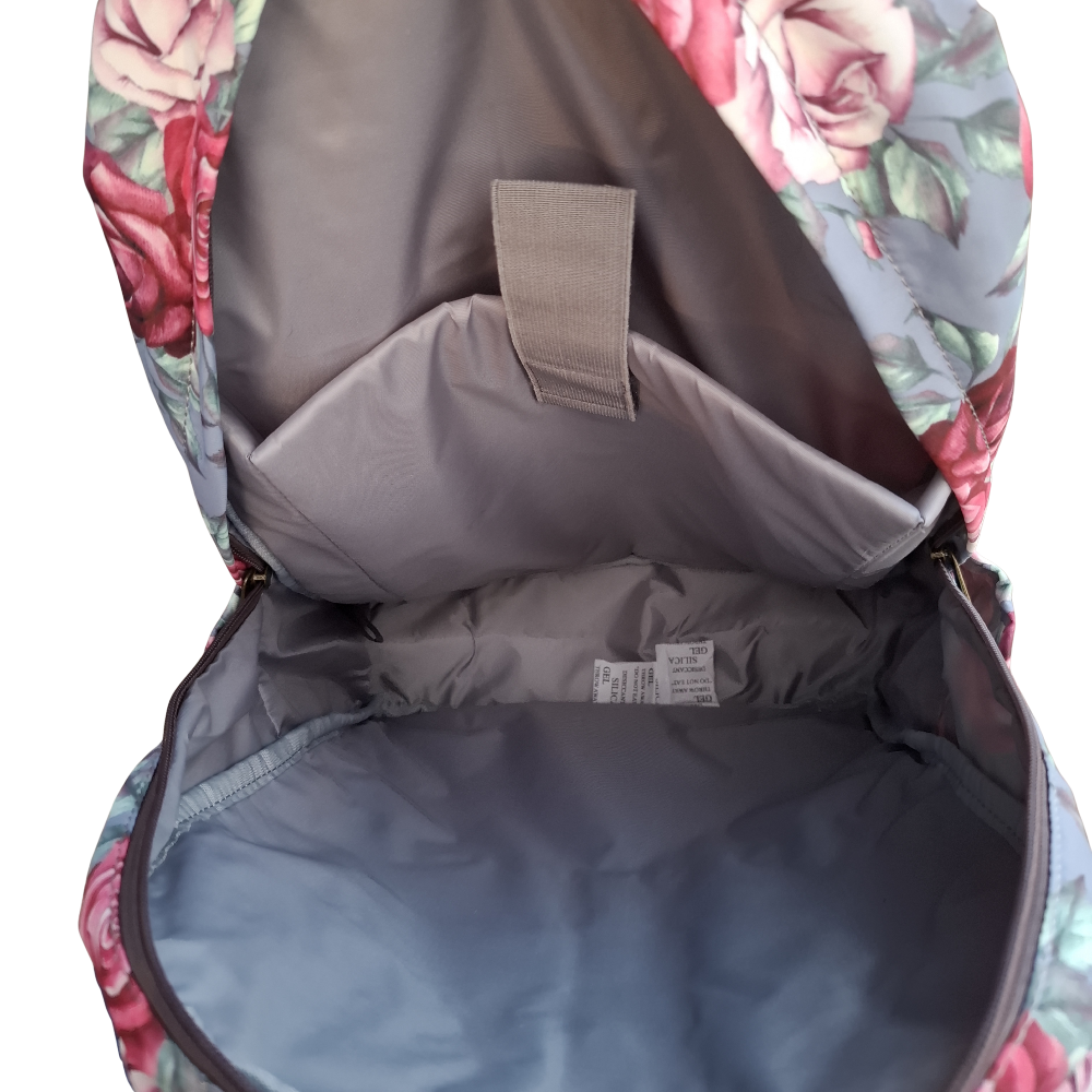Cotton Road Backpack: GREY Canvas Backpack with PINK ROSES INNER
