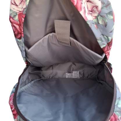 Cotton Road Backpack: GREY Canvas Backpack with PINK ROSES INNER