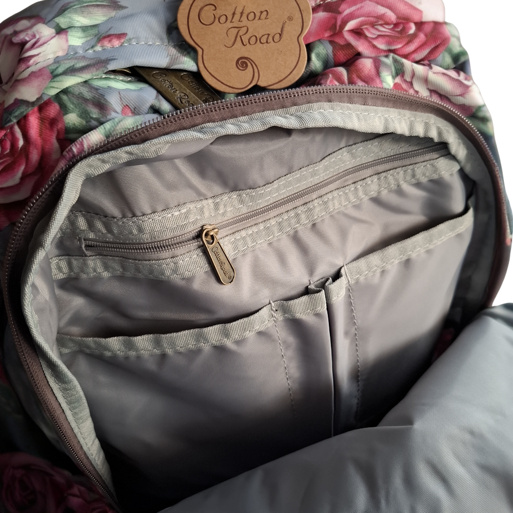 Cotton Road Backpack: GREY Canvas Backpack with PINK ROSES INNER DETAIL