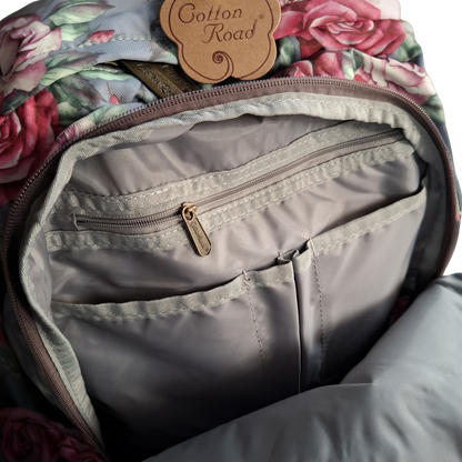 Cotton Road Backpack: GREY Canvas Backpack with PINK ROSES INNER DETAIL