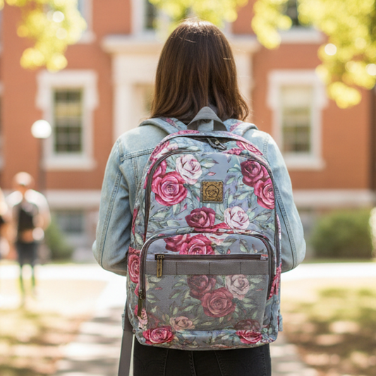 Cotton Road Backpack: GREY Canvas Backpack with PINK ROSES LIFESTYLE