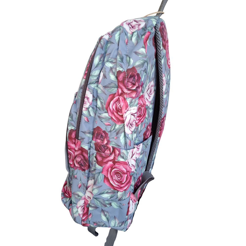 Cotton Road Backpack: GREY Canvas Backpack with PINK ROSES SIDE