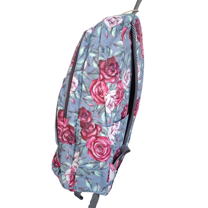 Cotton Road Backpack: GREY Canvas Backpack with PINK ROSES SIDE