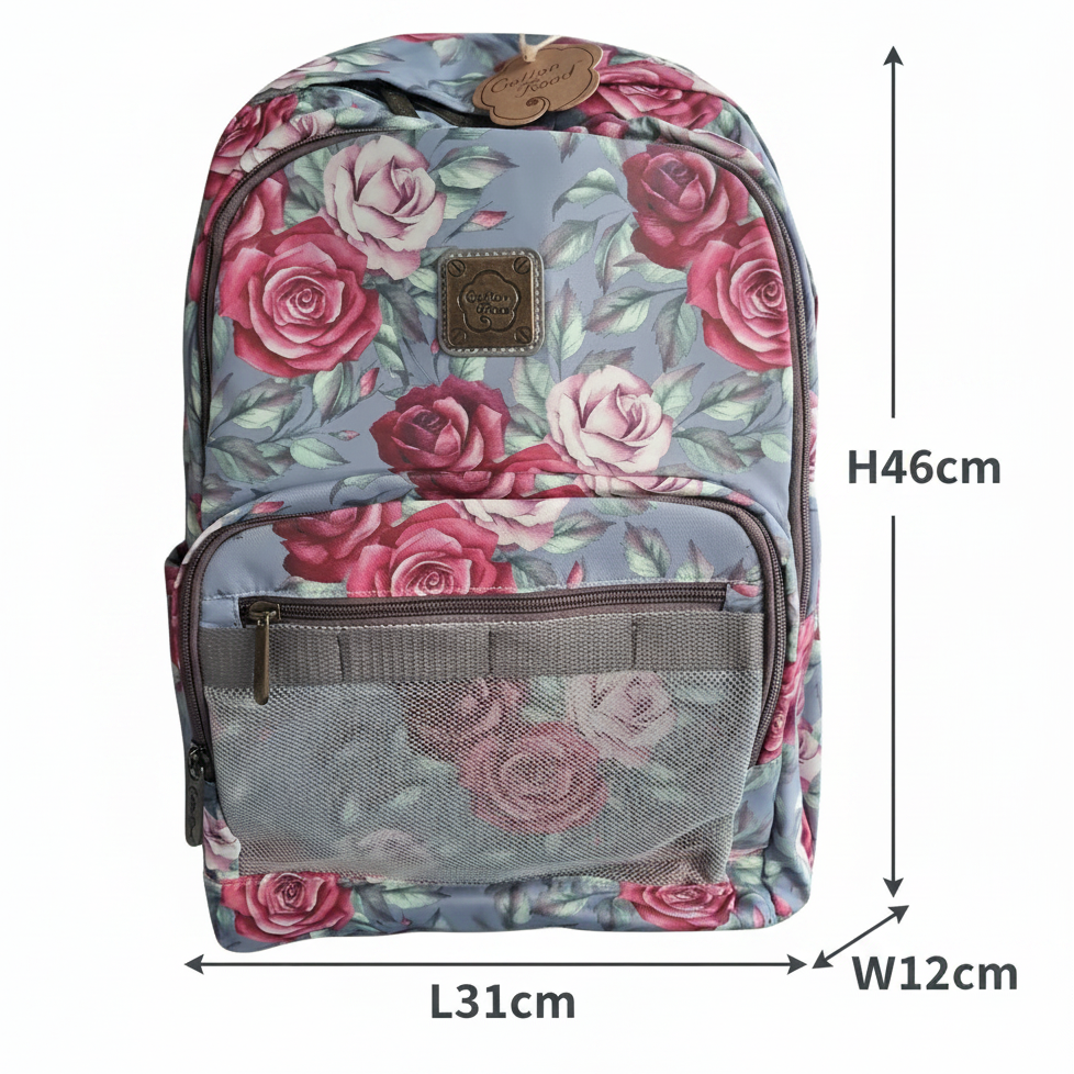 Cotton Road Backpack: GREY Canvas Backpack with PINK ROSES SIZE