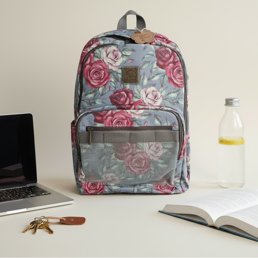 Cotton Road Backpack: GREY Canvas Laptop Backpack with Pink Roses HERO