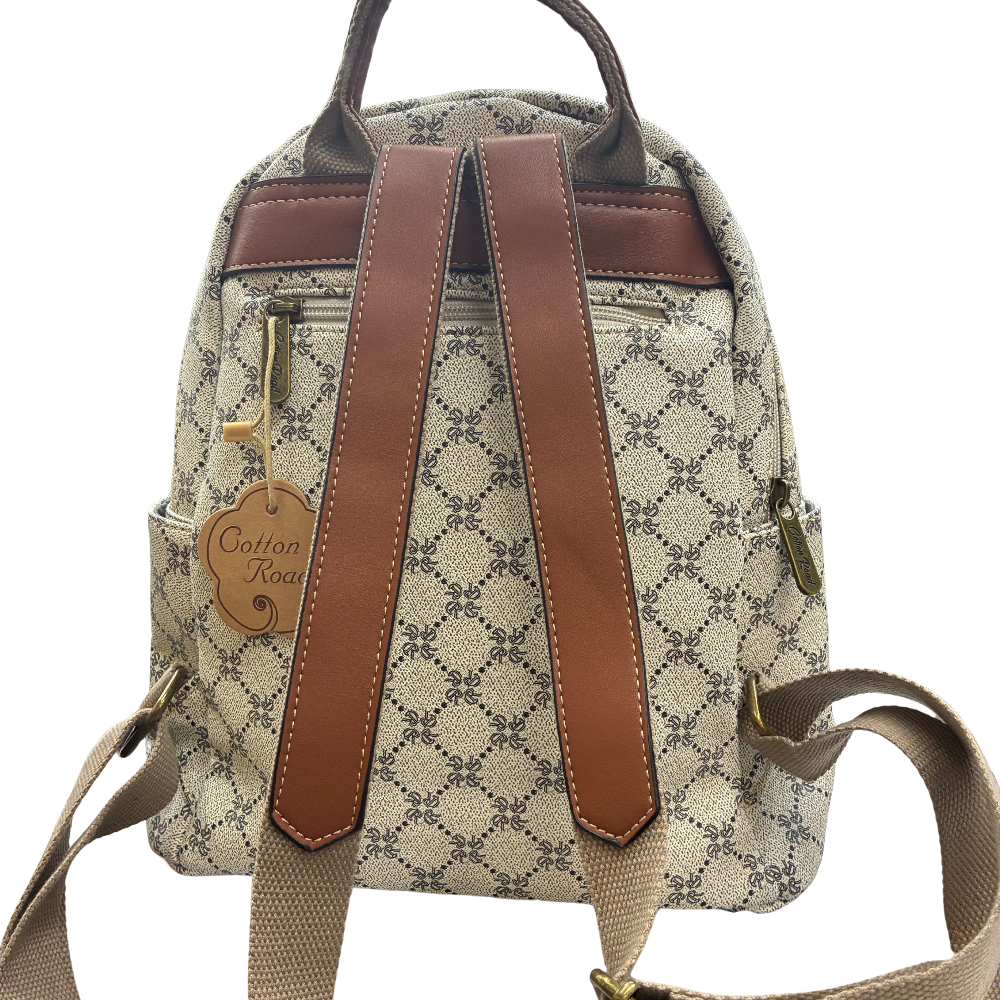 Cotton Road Backpack: Ivory beige PVC with Brown PU Leather trim and detailing BACKSTRAP VIEW