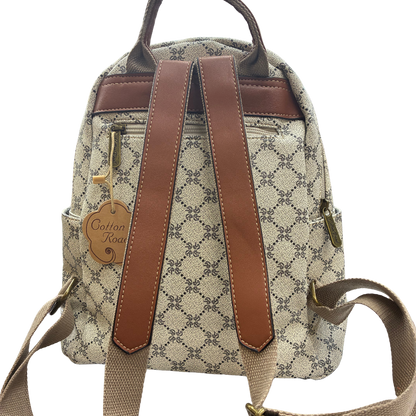 Cotton Road Backpack: Ivory beige PVC with Brown PU Leather trim and detailing BACKSTRAP VIEW