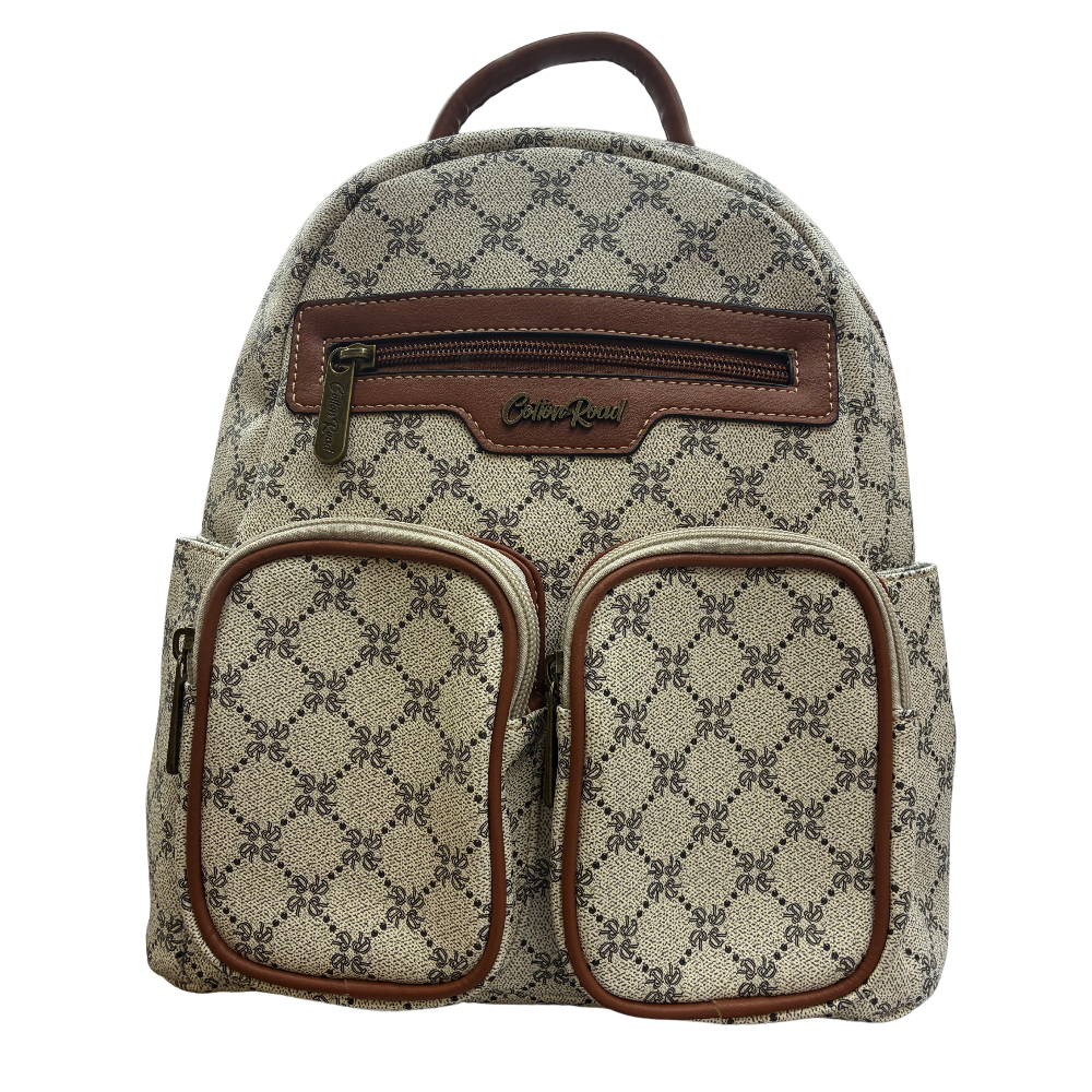 Cotton Road Backpack: Ivory beige PVC with Brown PU Leather trim and detailing FRONT