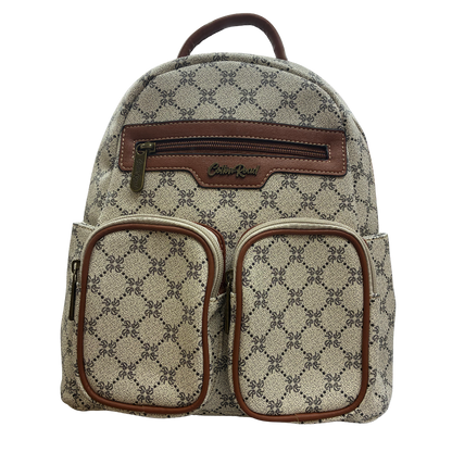 Cotton Road Backpack: Ivory beige PVC with Brown PU Leather trim and detailing FRONT