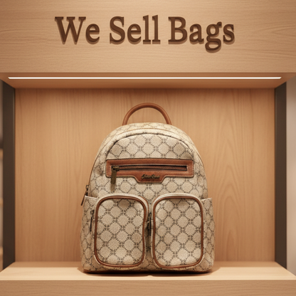 Cotton Road Backpack: Ivory beige PVC with Brown PU Leather trim and detailing HERO