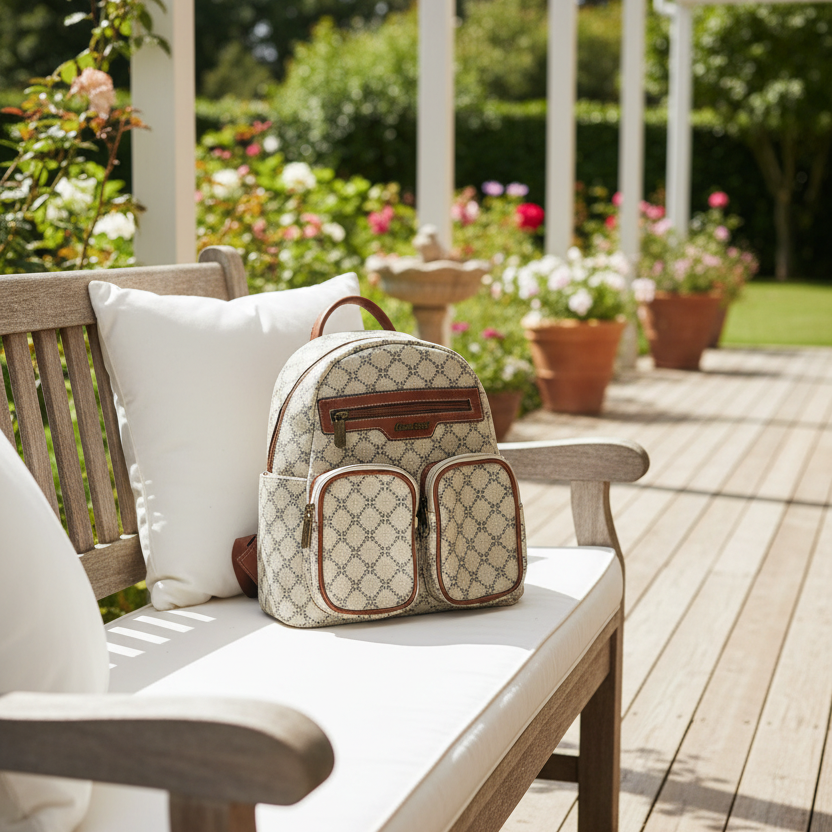 Cotton Road Backpack: Ivory beige PVC with Brown PU Leather trim and detailing LIFESTYLE