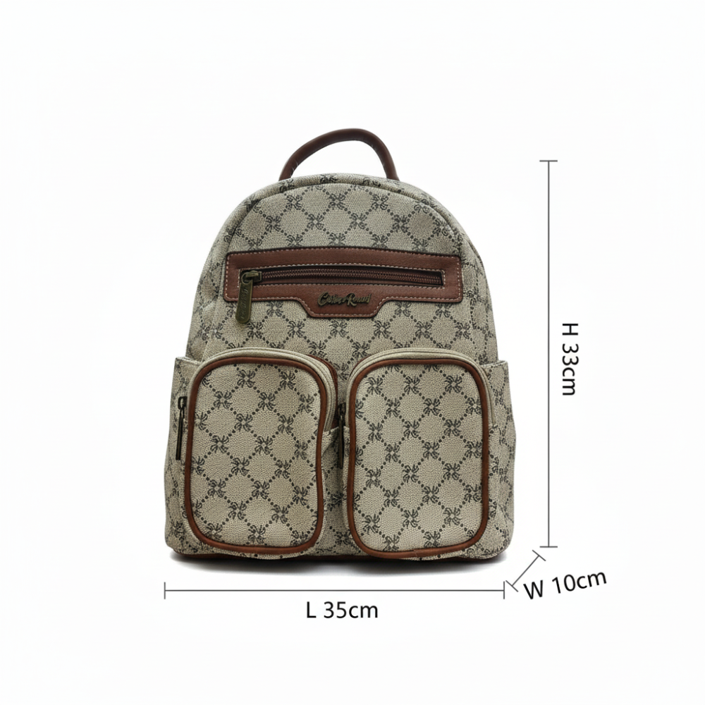Cotton Road Backpack: Ivory beige PVC with Brown PU Leather trim and detailing SIZES