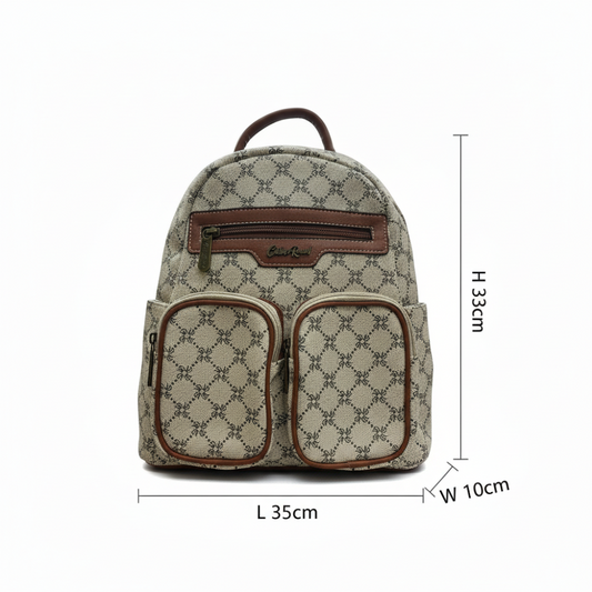 Cotton Road Backpack: Ivory beige PVC with Brown PU Leather trim and detailing SIZES
