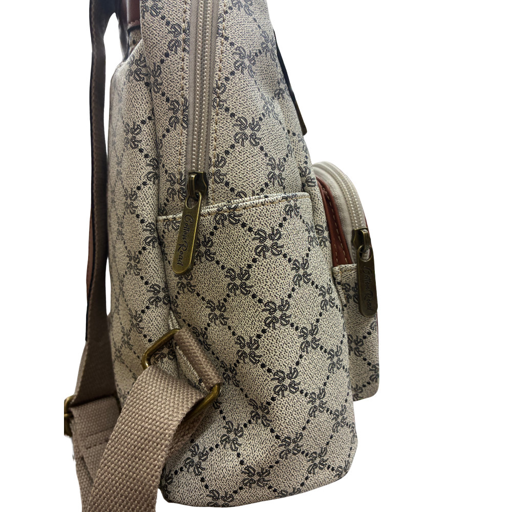 Cotton Road Backpack: Ivory beige PVC with Brown PU Leather trim and detailing ZOOM SIDE VIEW