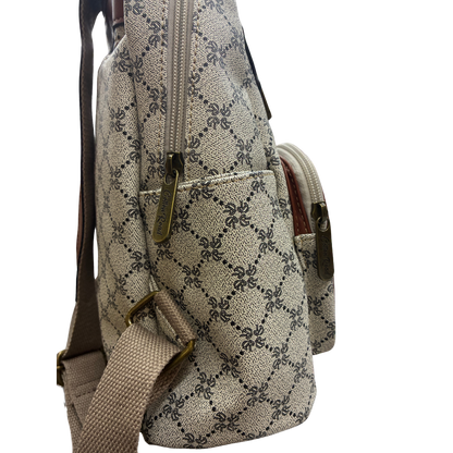 Cotton Road Backpack: Ivory beige PVC with Brown PU Leather trim and detailing ZOOM SIDE VIEW