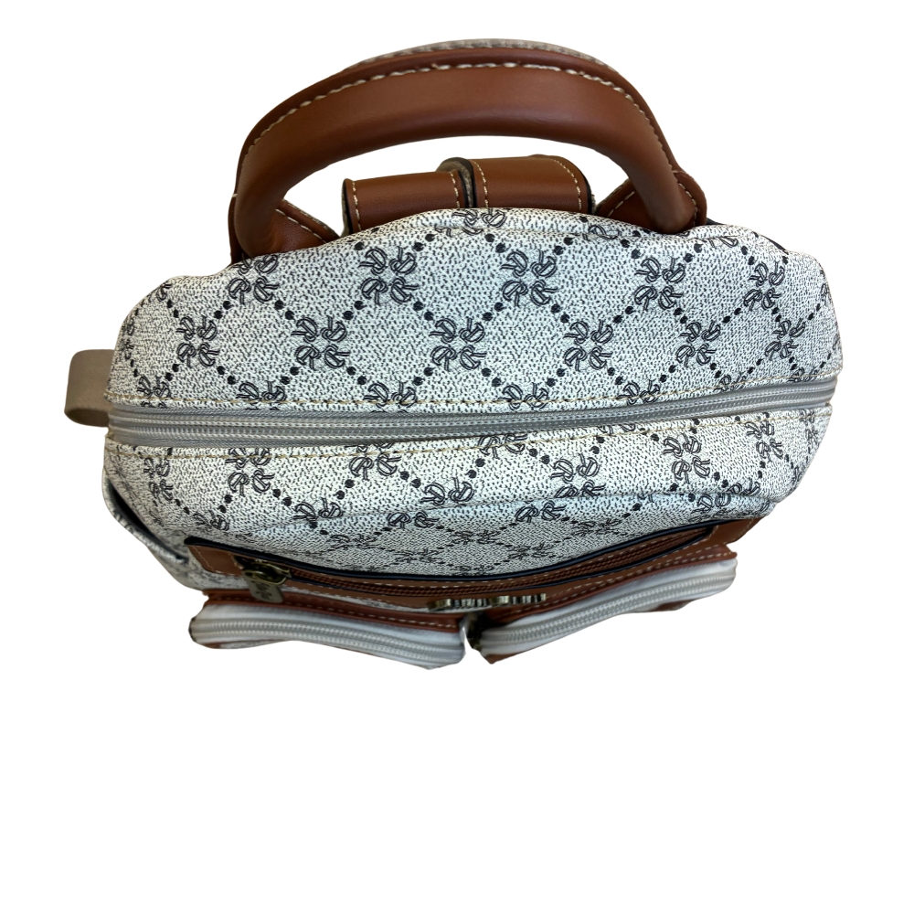 Cotton Road Backpack: Ivory beige PVC with Brown PU Leather trim and detailing ZOOM TOP VIEW