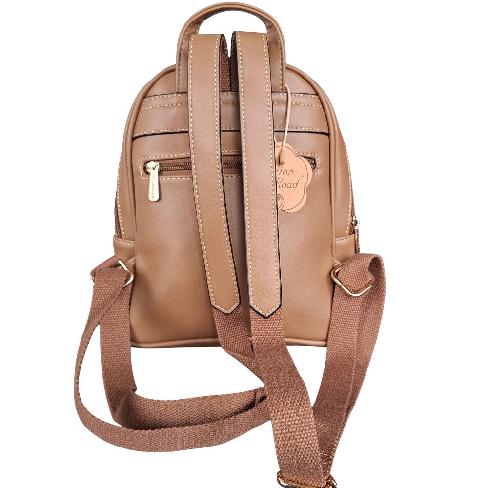 Cotton Road Backpack: KHAKI PU Leather Mini Backpack with FLORAL Panel  BACKSTRAP VIEW