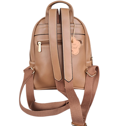 Cotton Road Backpack: KHAKI PU Leather Mini Backpack with FLORAL Panel  BACKSTRAP VIEW
