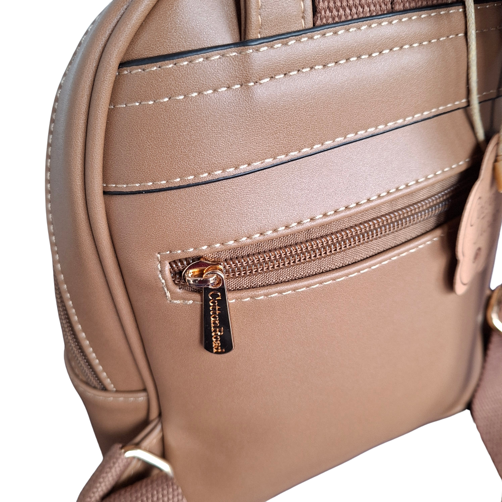 Cotton Road Backpack: KHAKI PU Leather Mini Backpack with FLORAL Panel  BACK VIEW