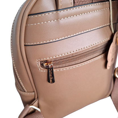 Cotton Road Backpack: KHAKI PU Leather Mini Backpack with FLORAL Panel  BACK VIEW