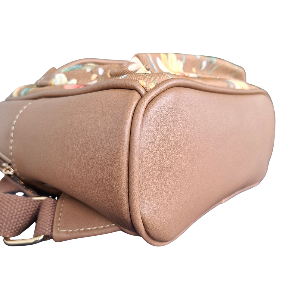 Cotton Road Backpack: KHAKI PU Leather Mini Backpack with FLORAL Panel  BOTTOM ZOOM VIEW