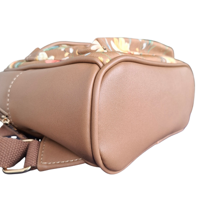 Cotton Road Backpack: KHAKI PU Leather Mini Backpack with FLORAL Panel  BOTTOM ZOOM VIEW