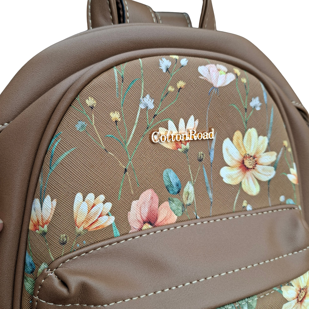 Cotton Road Backpack: KHAKI PU Leather Mini Backpack with FLORAL Panel  FLORAL ZOOM VIEW