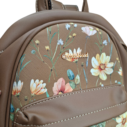 Cotton Road Backpack: KHAKI PU Leather Mini Backpack with FLORAL Panel  FLORAL ZOOM VIEW