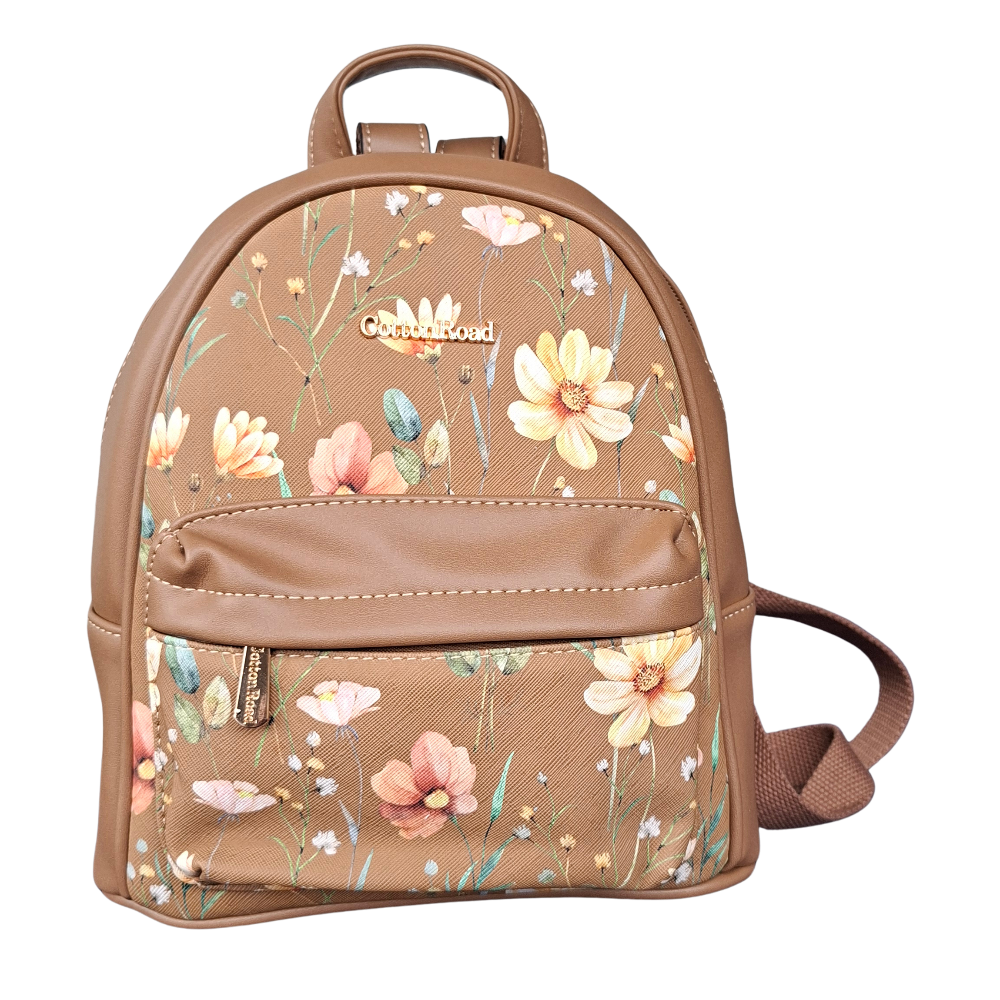 Cotton Road Backpack: KHAKI PU Leather Mini Backpack with FLORAL Panel FRONT