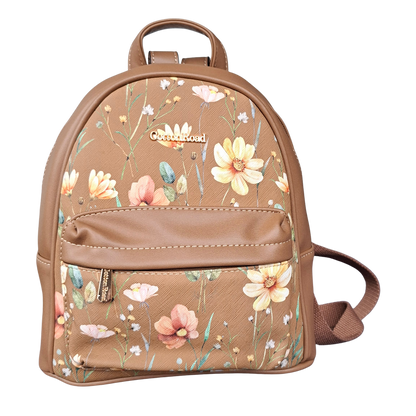 Cotton Road Backpack: KHAKI PU Leather Mini Backpack with FLORAL Panel FRONT