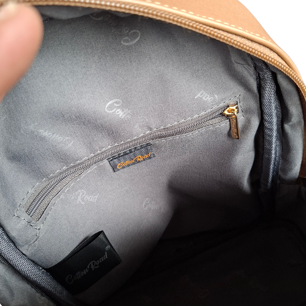 Cotton Road Backpack: KHAKI PU Leather Mini Backpack with FLORAL Panel  INNER VIEW