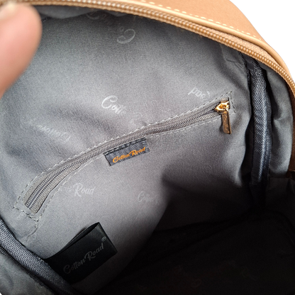 Cotton Road Backpack: KHAKI PU Leather Mini Backpack with FLORAL Panel  INNER VIEW