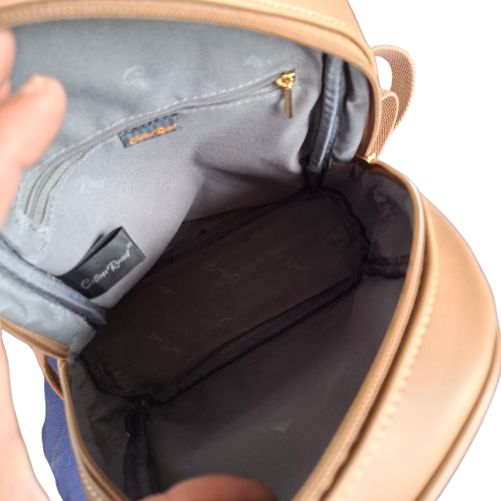 Cotton Road Backpack: KHAKI PU Leather Mini Backpack with FLORAL Panel  OPEN VIEWED