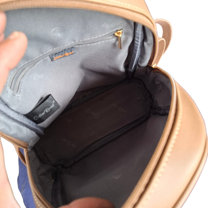 Cotton Road Backpack: KHAKI PU Leather Mini Backpack with FLORAL Panel  OPEN VIEWED