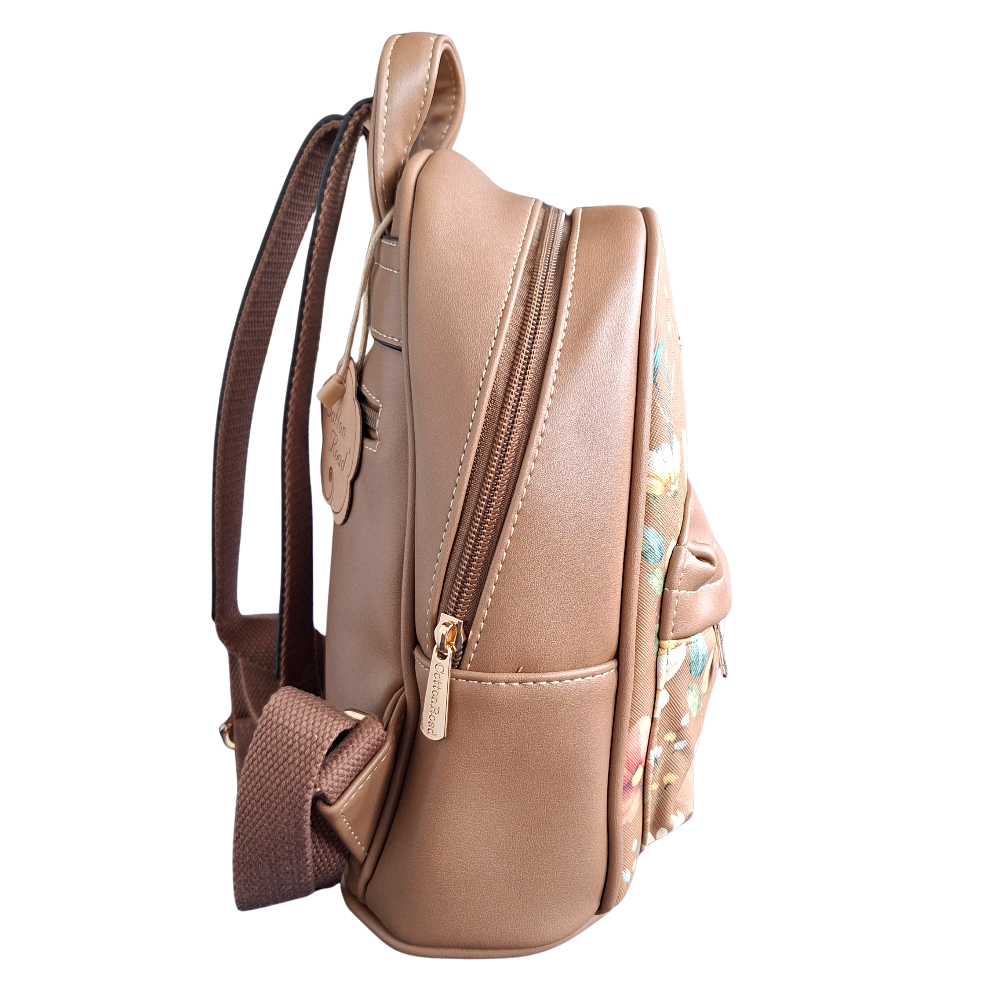 Cotton Road Backpack: KHAKI PU Leather Mini Backpack with FLORAL Panel  SIDE VIEWED
